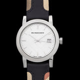  Shop Authentic Burberry The City White Dial Black Haymarket Leather Strap Watch for Women - BU9150 - Luxxuri