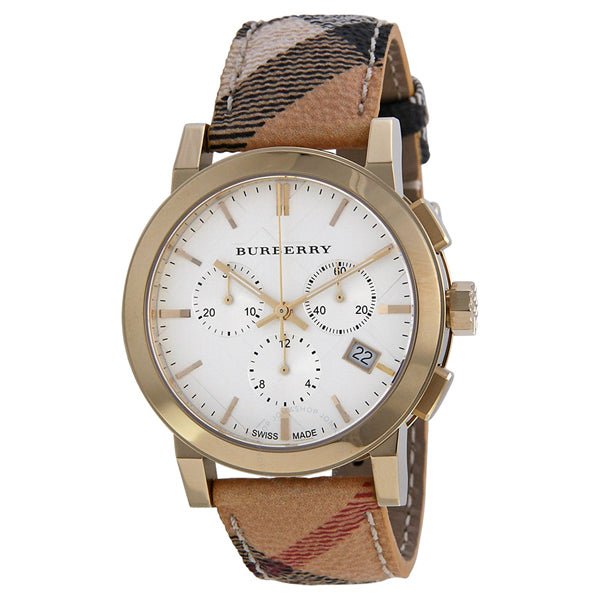 Burberry The City White Dial Haymarket Beige Leather Strap Watch for Women - BU9752