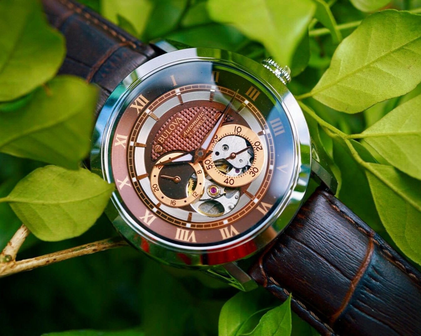  Shop Authentic Bulova Classic Skeleton Automatic Brown Dial Brown Leather Strap Watch for Men - 96A120 - Luxxuri