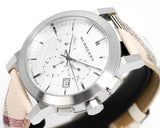  Shop Authentic Burberry The City Chronograph White Dial Haymarket Leather Strap Watch For Men - BU9360 - Luxxuri