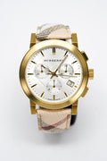  Shop Authentic Burberry The City White Dial Haymarket Beige Leather Strap Watch for Women - BU9752 - Luxxuri