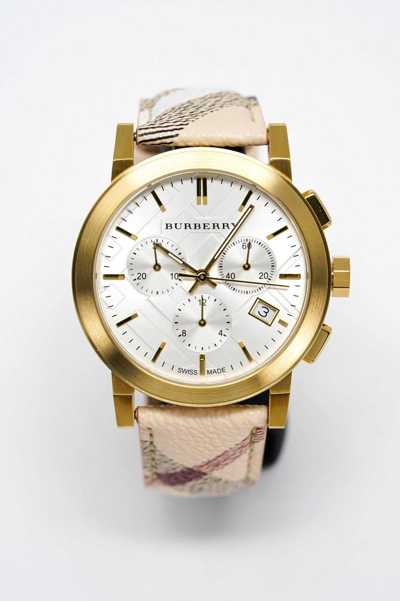  Shop Authentic Burberry The City White Dial Haymarket Beige Leather Strap Watch for Women - BU9752 - Luxxuri