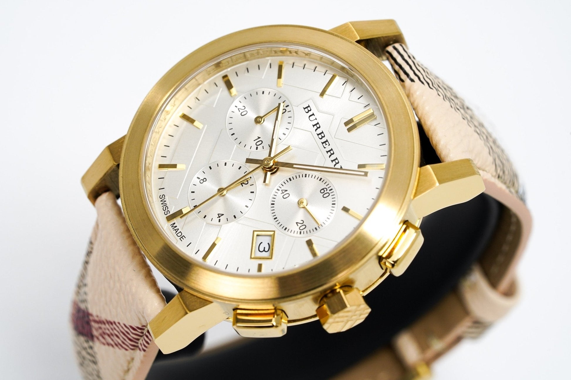  Shop Authentic Burberry The City White Dial Haymarket Beige Leather Strap Watch for Women - BU9752 - Luxxuri