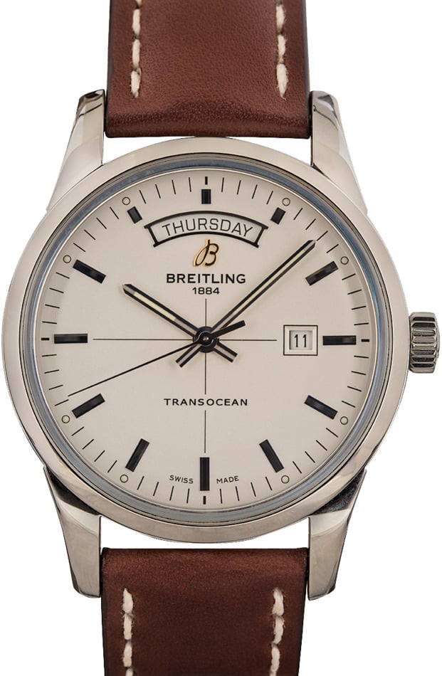  Shop Authentic Breitling Transocean Day & Date 43mm Brown Leather Strap Mens Watch - A4531012|G751|437X|A20B A.1 - Luxxuri
