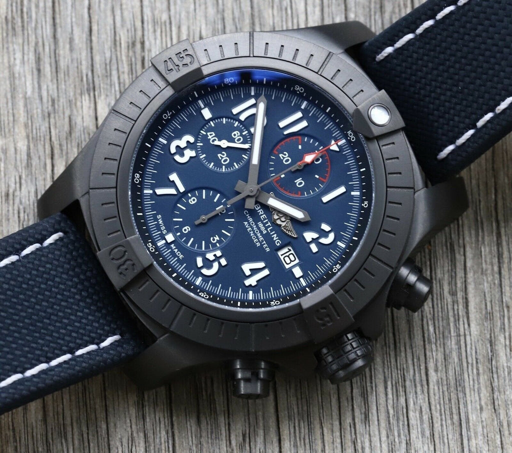  Shop Authentic Breitling Super Avenger Chronograph 48 Night Mission Blue Dial Blue Leather Strap Watch for Men - V13375101C1X2 - Luxxuri