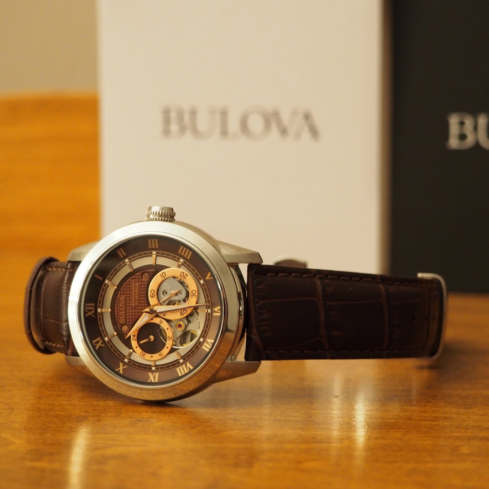  Shop Authentic Bulova Classic Skeleton Automatic Brown Dial Brown Leather Strap Watch for Men - 96A120 - Luxxuri