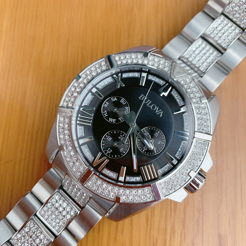  Shop Authentic Bulova Crystal Collection Chronograph Black Dial Two Tone Steel Strap Watch for Men - 96C126 - Luxxuri