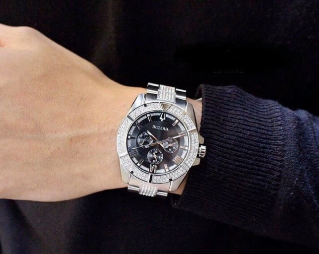  Shop Authentic Bulova Crystal Collection Chronograph Black Dial Two Tone Steel Strap Watch for Men - 96C126 - Luxxuri