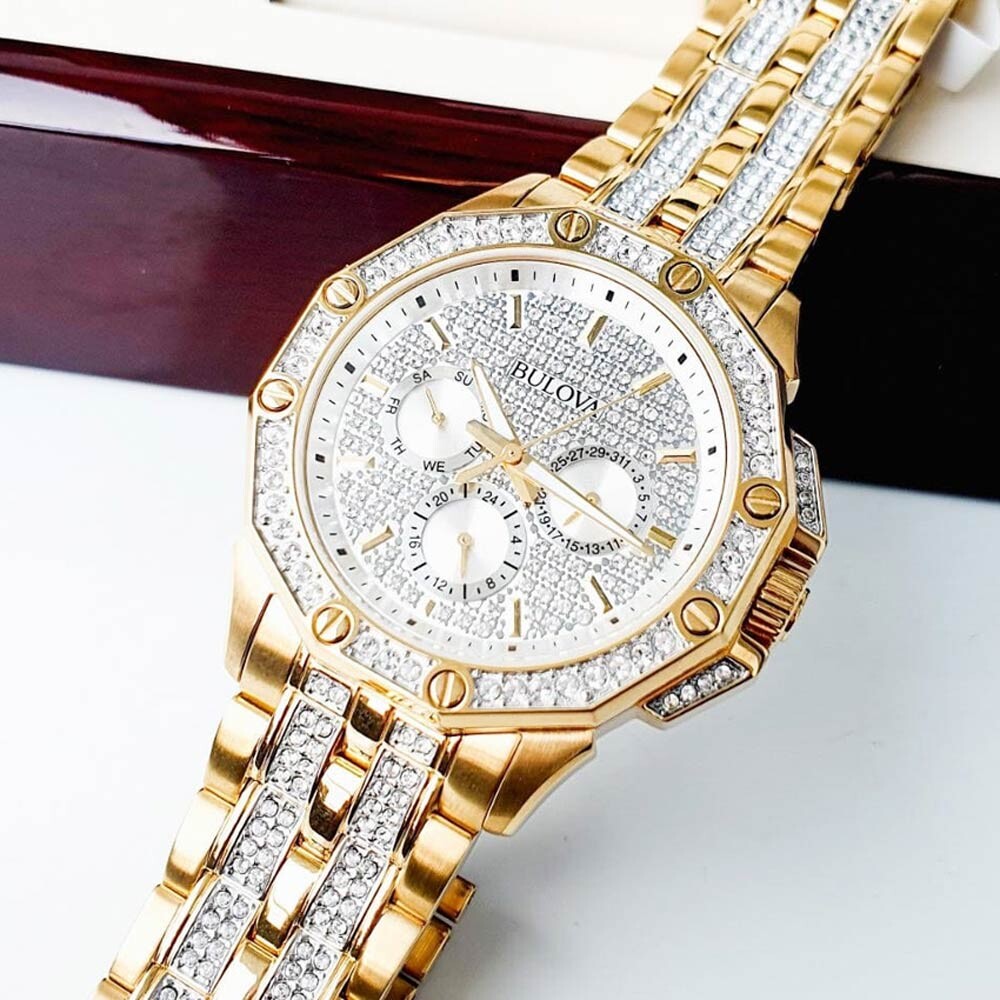  Shop Authentic Bulova Crystal Collection Octova White Dial Gold Steel Strap Watch for Men - 98C126 - Luxxuri