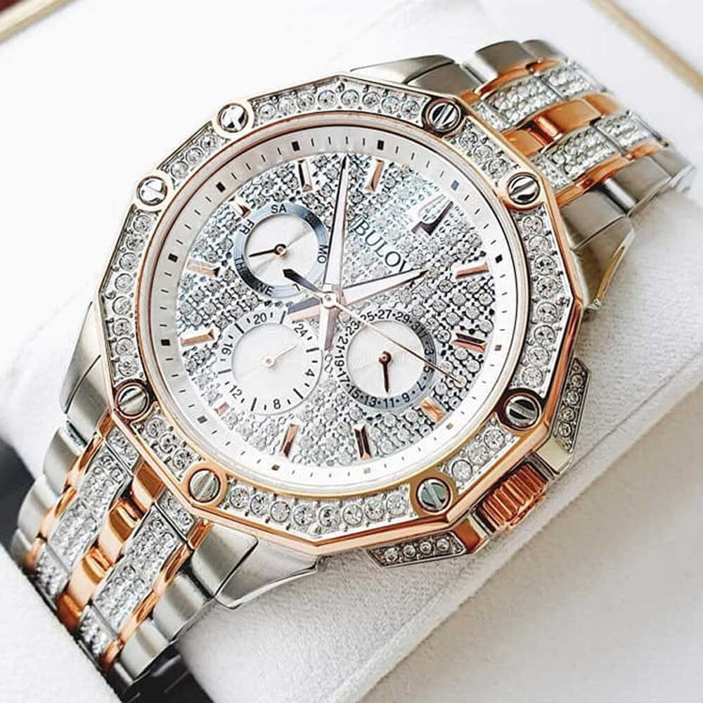  Shop Authentic Bulova Octova Crystal Silver Dial Two Tone Steel Strap Watch for Men - 98C133 - Luxxuri