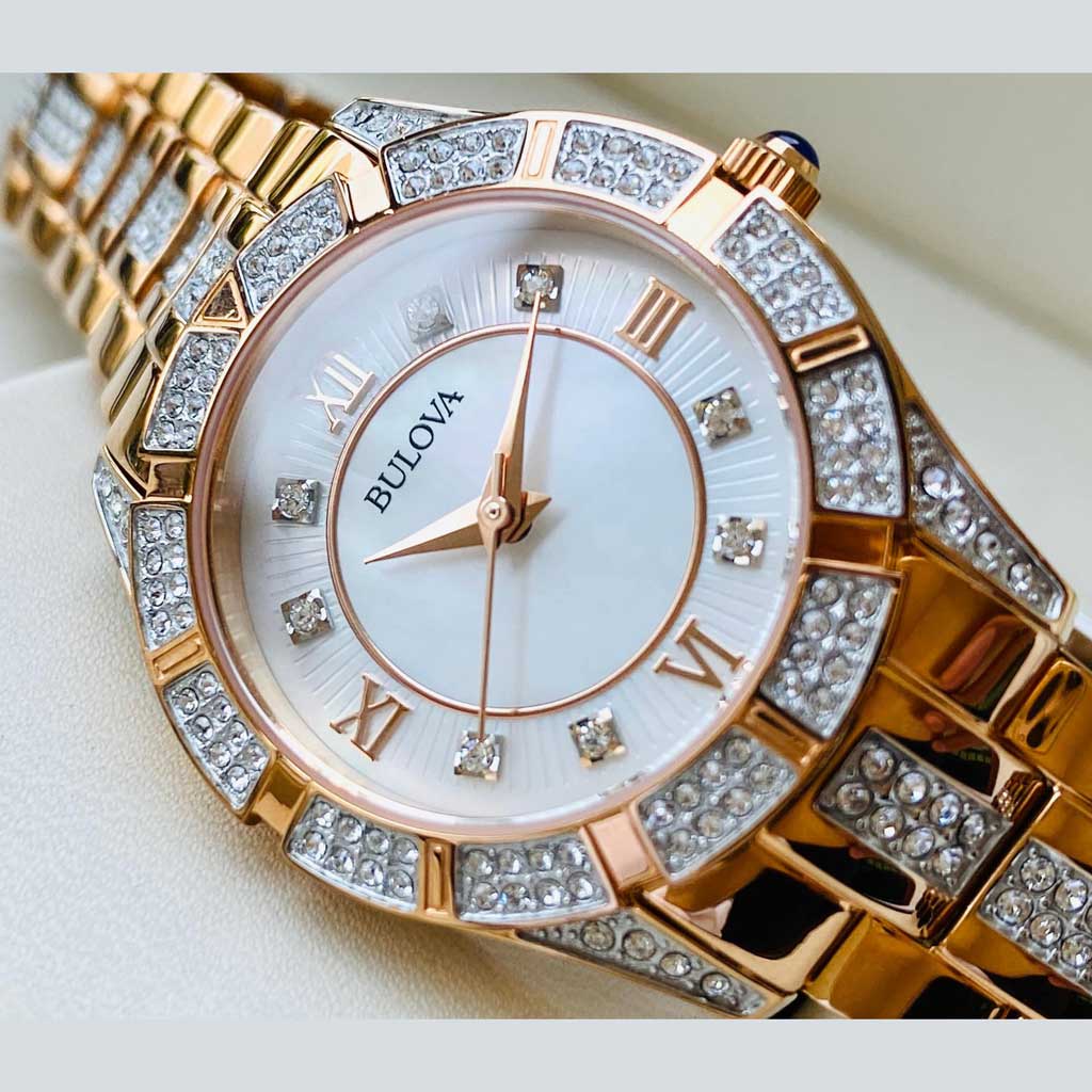  Shop Authentic Bulova Crystal Mother of Pearl Dial Rose Gold Steel Strap Watch for Women - 98L197 - Luxxuri