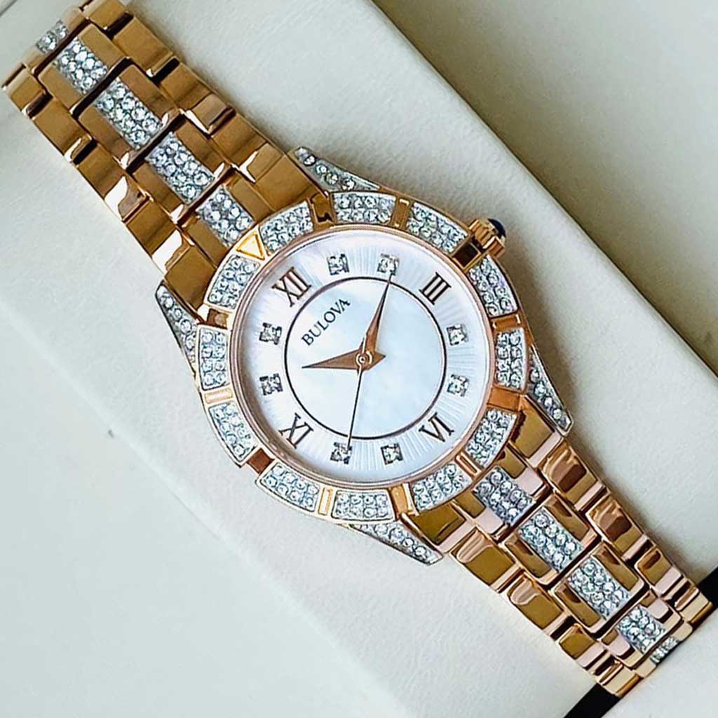  Shop Authentic Bulova Crystal Mother of Pearl Dial Rose Gold Steel Strap Watch for Women - 98L197 - Luxxuri