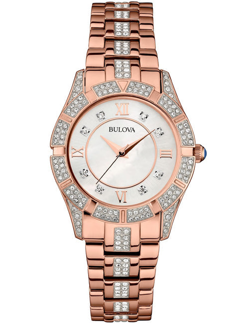  Shop Authentic Bulova Crystal Mother of Pearl Dial Rose Gold Steel Strap Watch for Women - 98L197 - Luxxuri