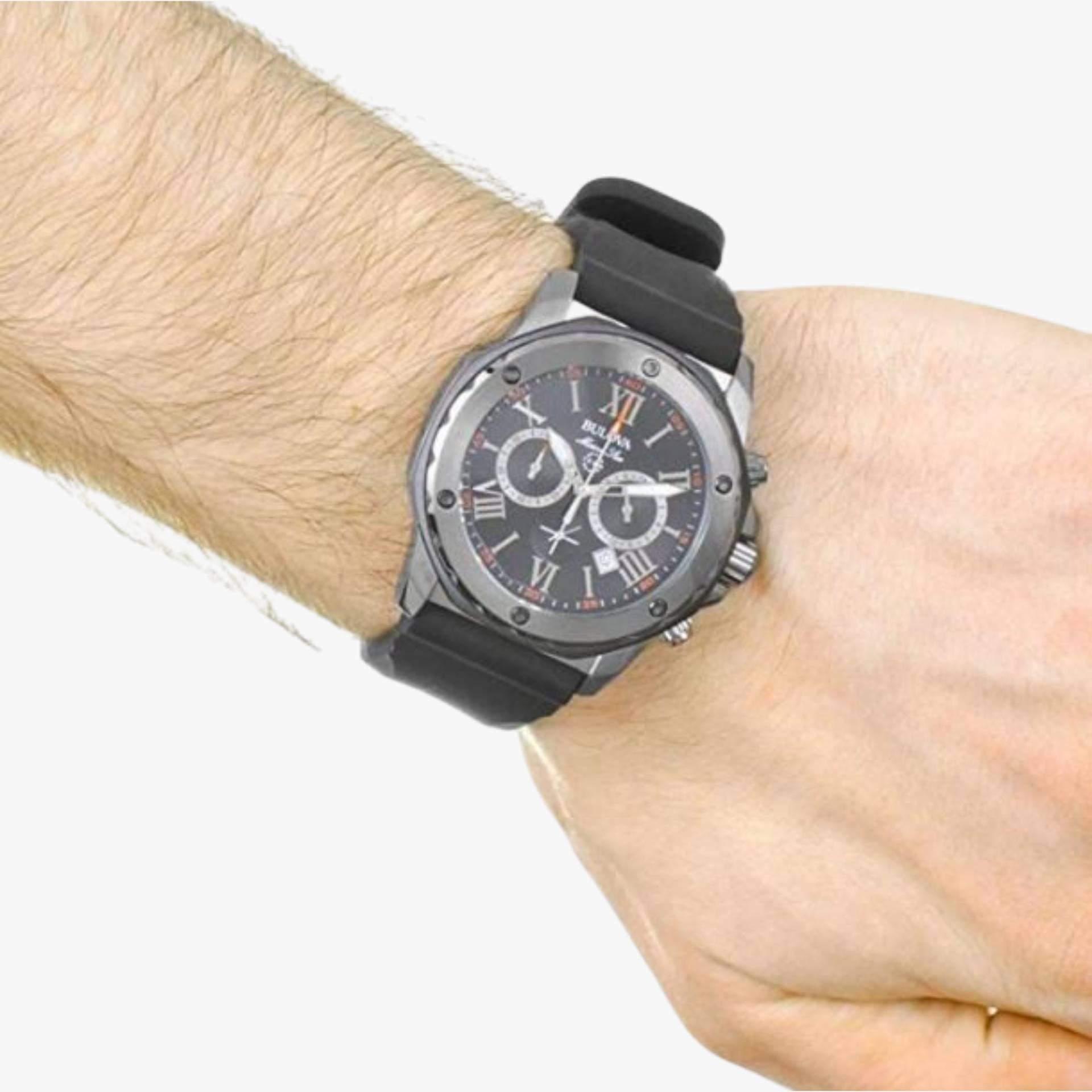 Bulova Marine Star Chronograph Black Dial Black Rubber Strap Watch for Men - 98B127