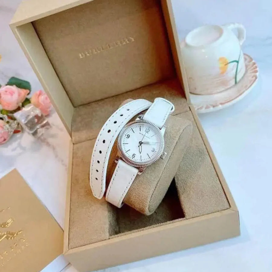  Shop Authentic Burberry Utilitarian White Dial White Leather Strap Watch for Women - BU7846 - Luxxuri