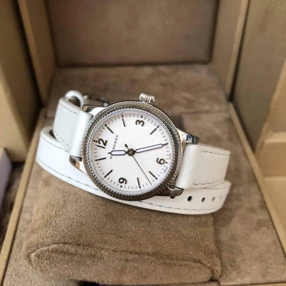  Shop Authentic Burberry Utilitarian White Dial White Leather Strap Watch for Women - BU7846 - Luxxuri