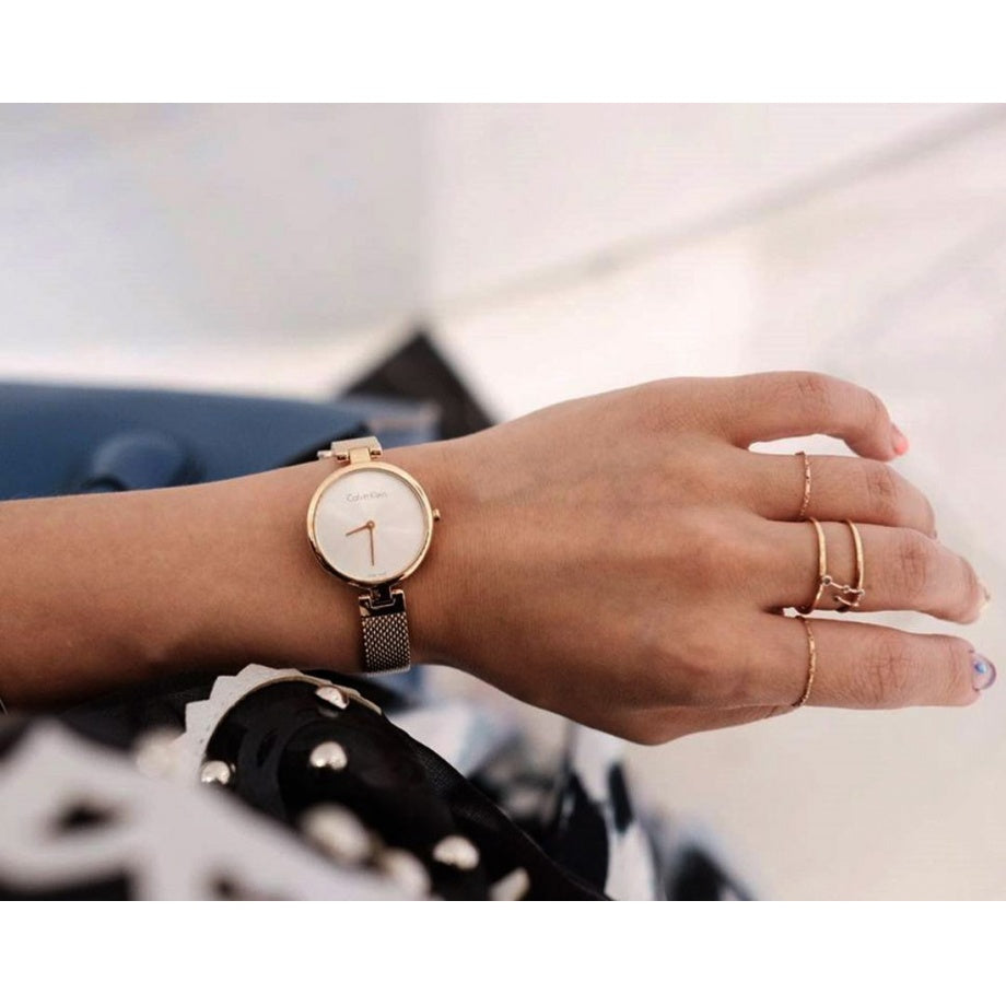  Shop Authentic Calvin Klein Authentic Silver Dial Rose Gold Mesh Bracelet Watch for Women - K8G23626 - Luxxuri
