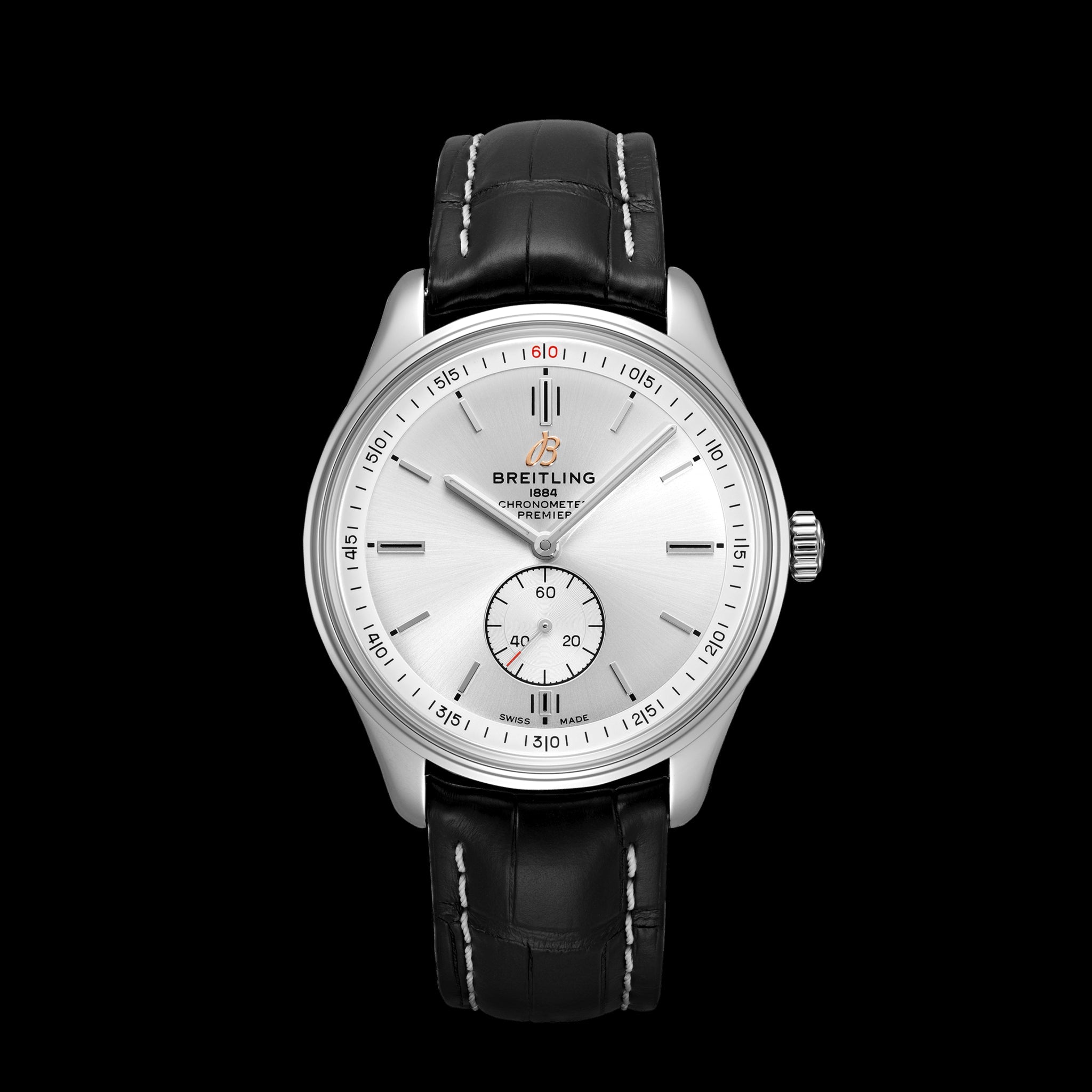 Breitling Premier Automatic 40mm Silver Dial Black Leather Strap Watch for Men - A37340351G1P1