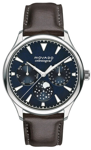  Shop Authentic Movado Heritage Moonphase Blue Dial Brown Leather Strap Watch For Women - 3650009 - Luxxuri
