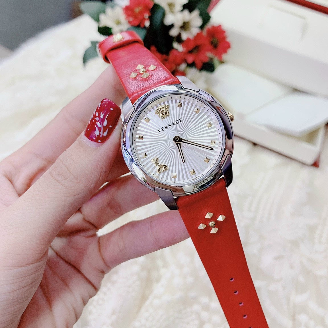  Shop Authentic Versace Audrey Quartz Silver Dial Red Leather Strap Watch for Women - VELR00219 - Luxxuri