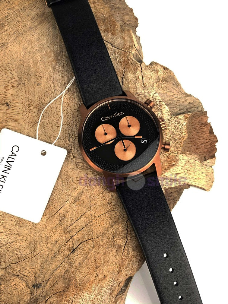  Shop Authentic Calvin Klein City Chronograph Black Dial Black Leather Strap Watch for Men - K2G17TC1 - Luxxuri