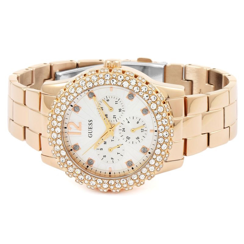  Shop Authentic Guess Dazzler Diamonds Silver Dial Rose Gold Steel Strap Watch for Women - W0335L3 - Luxxuri