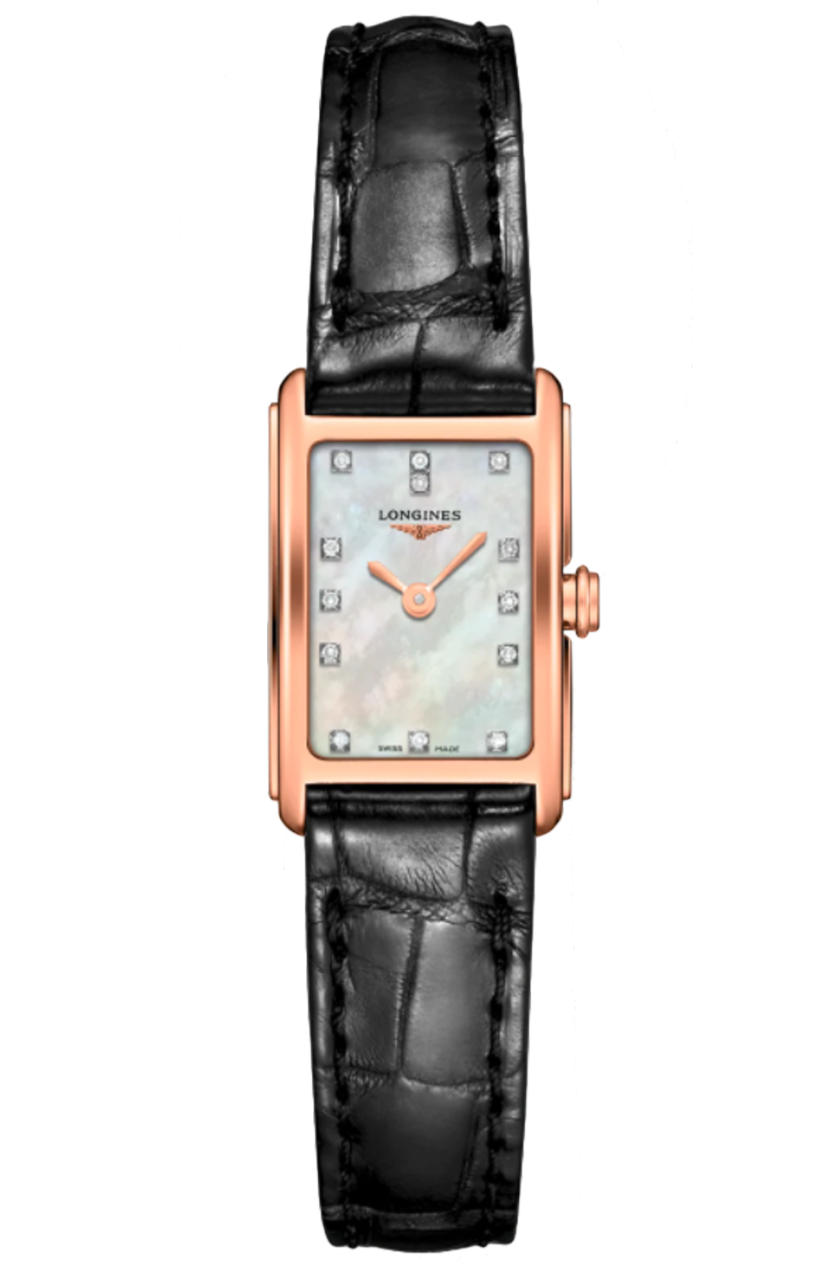 Longines Dolcevita Diamonds Mother of Pearl White Dial Black Leather Strap Watch for Women - L5.258.8.87.0