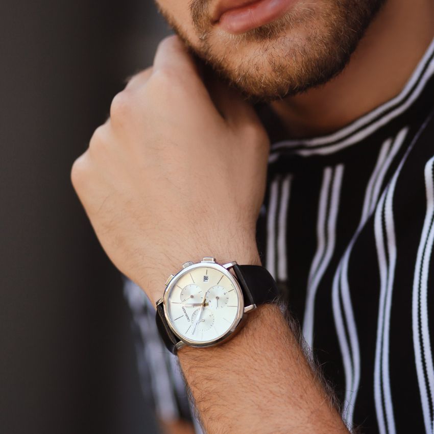  Shop Authentic Calvin Klein High Noon Chronograph White Dial Black Leather Strap Watch for Men - K8M271C6 - Luxxuri