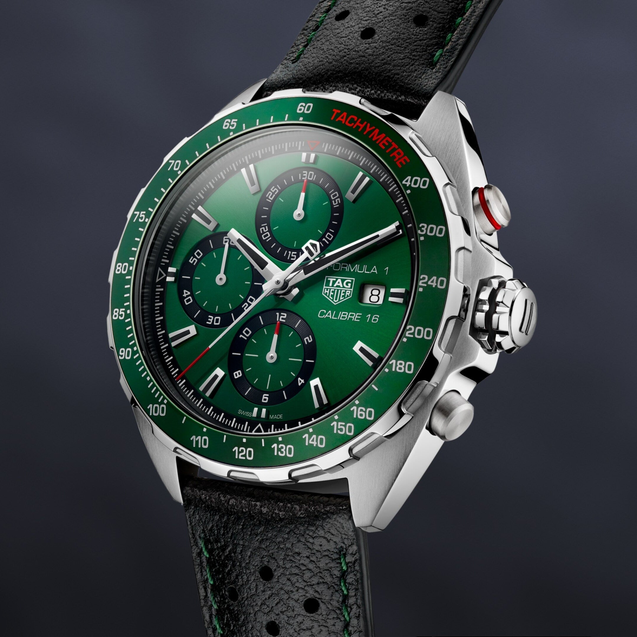 Tag Heuer Formula 1 Calibre 16 Automatic Chronograph Green Dial Black Leather Strap Watch for Men - CAZ2016.FC6473