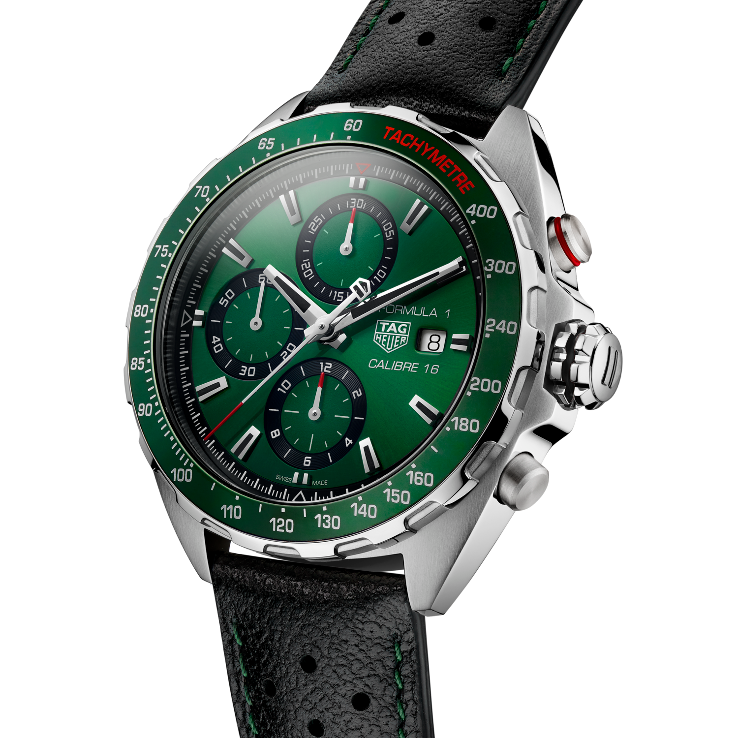 Tag Heuer Formula 1 Calibre 16 Automatic Chronograph Green Dial Black Leather Strap Watch for Men - CAZ2016.FC6473