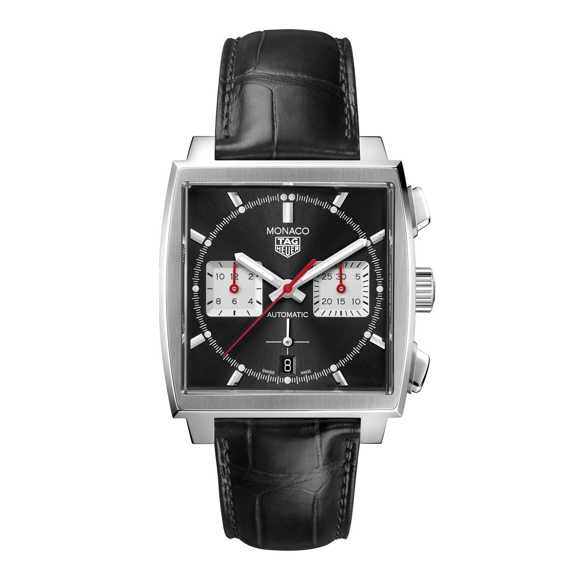 Tag Heuer Monaco Automatic Chronograph Black Dial Black Leather Strap Watch for Men - CBL2113.FC6177
