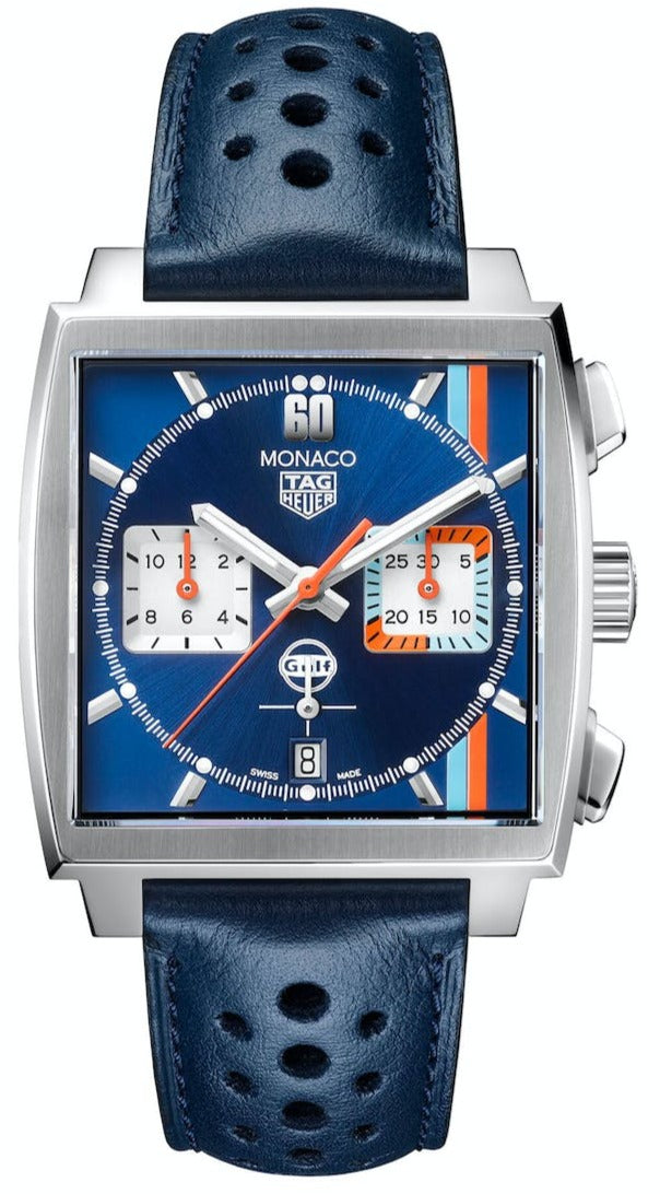  Shop Authentic Tag Heuer Monaco Gulf Automatic Chronograph Blue Dial Blue Leather Strap Watch for Men - CBL2115.FC6494 - Luxxuri
