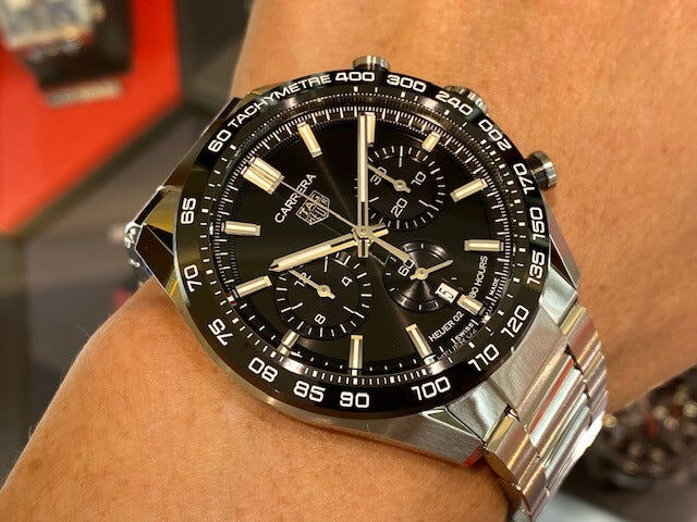  Shop Authentic Tag Heuer Carrera Automatic Chronograph Black Dial Silver Steel Strap Watch for Men - CBN2A1B.BA0643 - Luxxuri