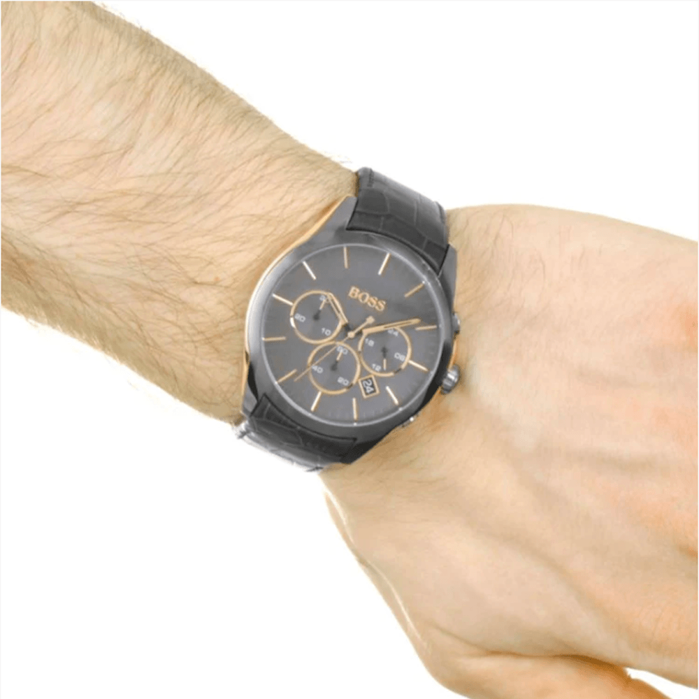  Shop Authentic Hugo Boss Onyx Grey Dial Black Leather Strap Watch for Men - 1513366 - Luxxuri