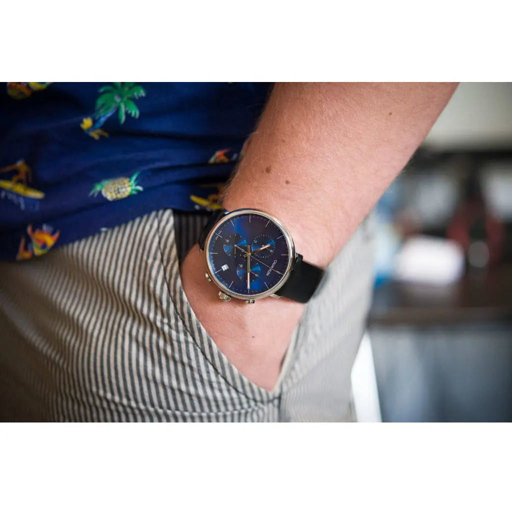  Shop Authentic Calvin Klein High Noon Chronograph Blue Dial Black Leather Strap Watch for Men - K8M271CN - Luxxuri