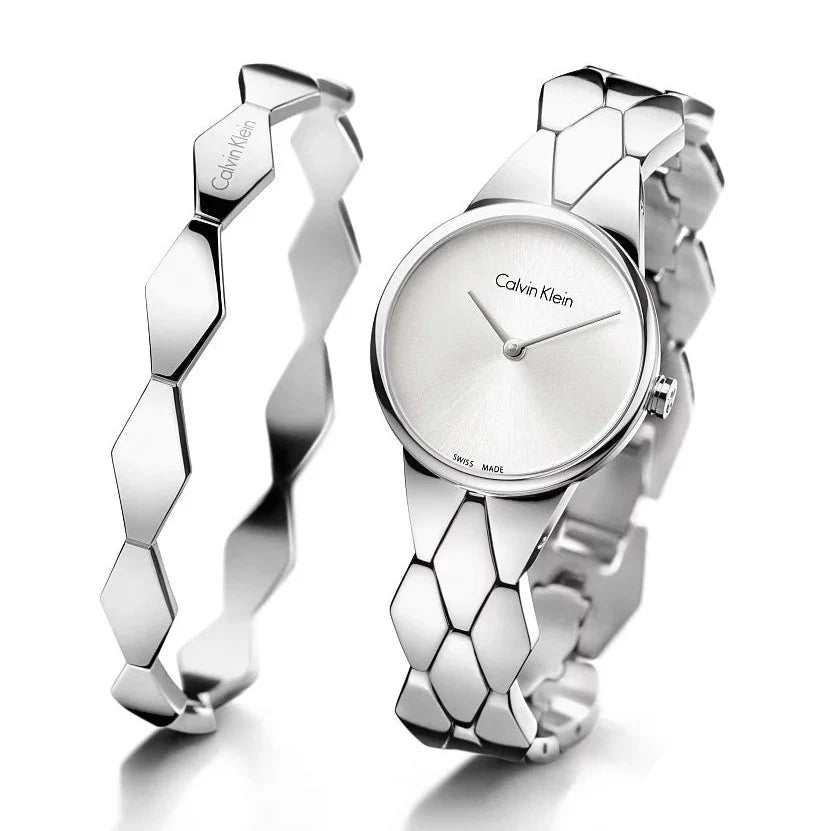  Shop Authentic Calvin Klein Snake Silver Dial Silver Steel Strap Watch For Women - K6E23146 - Luxxuri