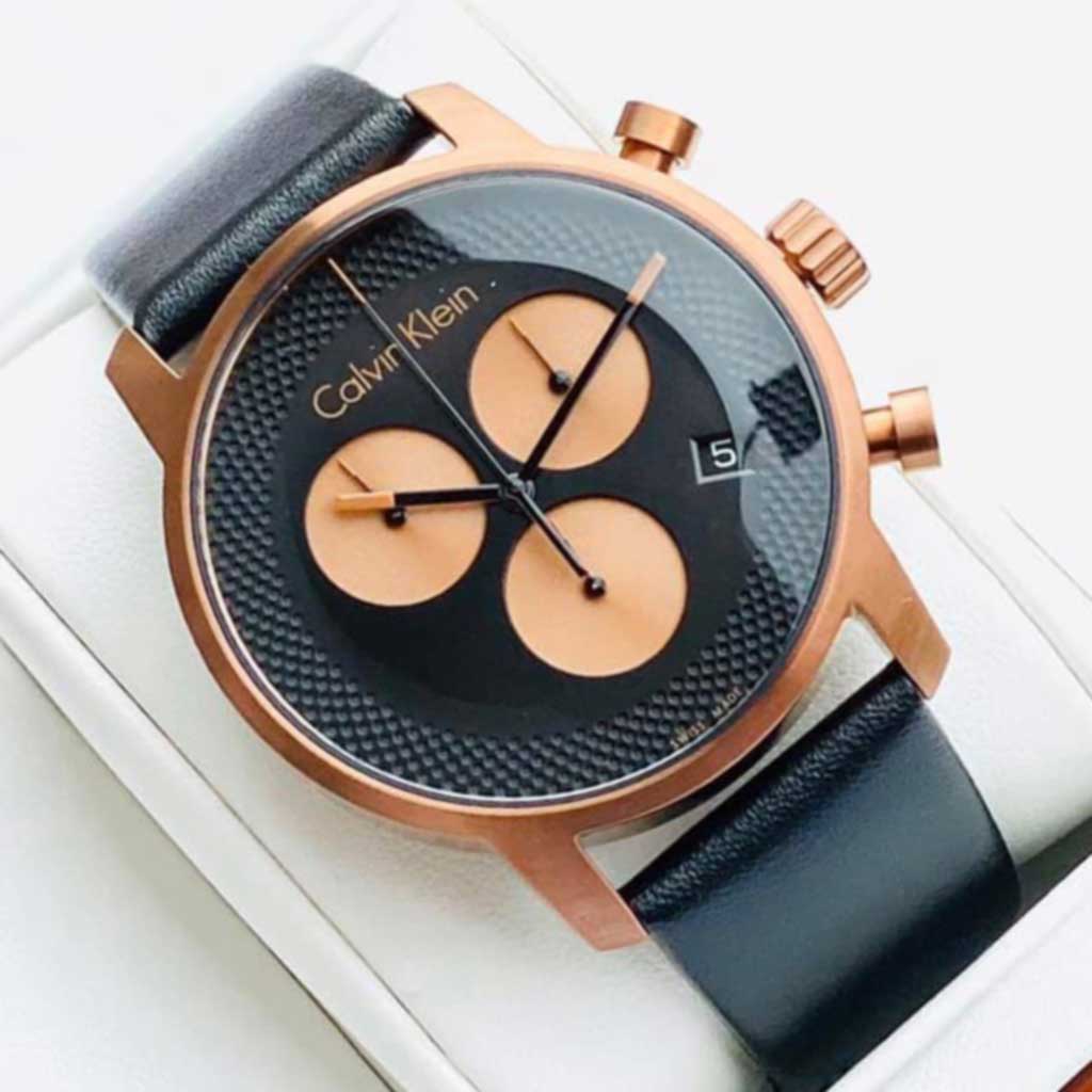  Shop Authentic Calvin Klein City Chronograph Black Dial Black Leather Strap Watch for Men - K2G17TC1 - Luxxuri