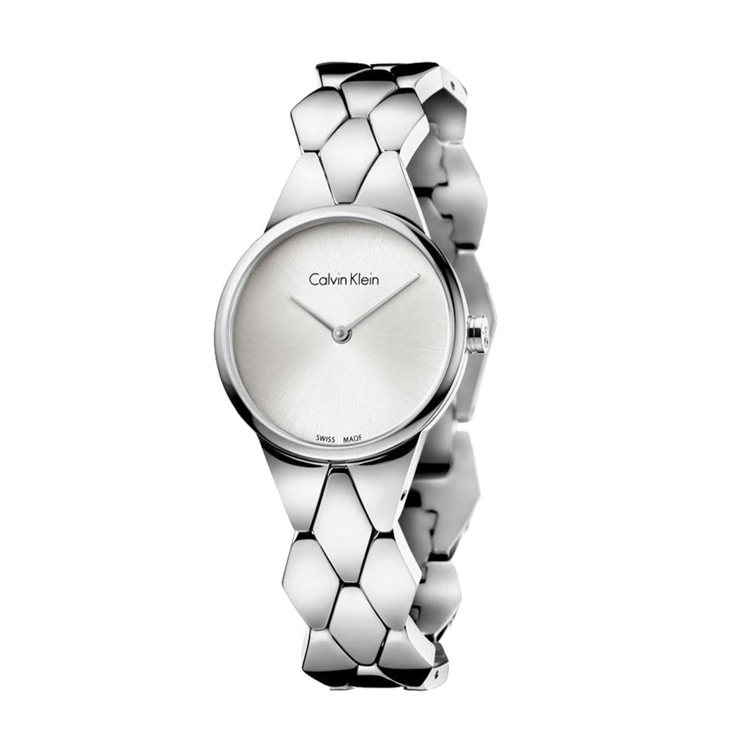  Shop Authentic Calvin Klein Snake Silver Dial Silver Steel Strap Watch For Women - K6E23146 - Luxxuri