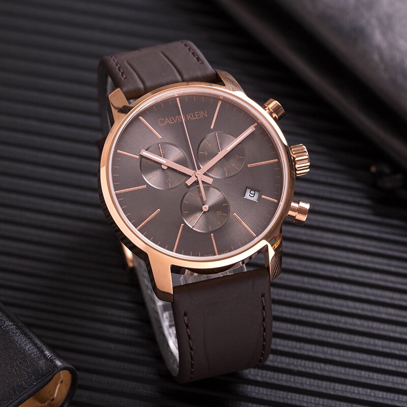  Shop Authentic Calvin Klein City Chronograph Grey Dial Brown Leather Strap Watch for Men - K2G276G3 - Luxxuri