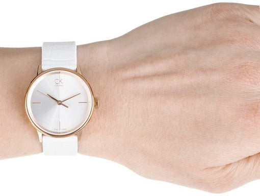  Shop Authentic Calvin Klein Accent Silver Dial White Leather Strap Watch for Women - K2Y236K6 - Luxxuri