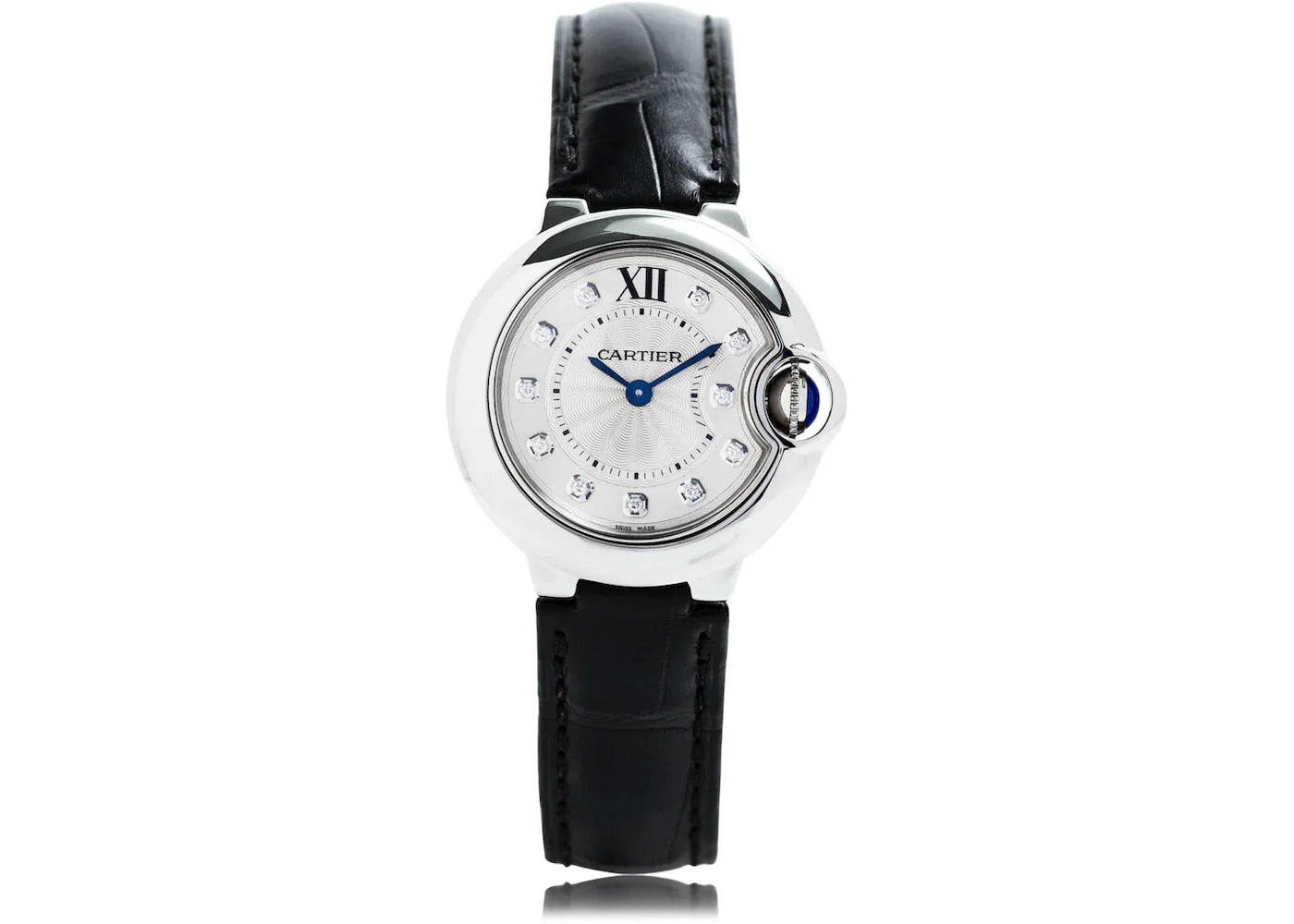  Shop Authentic Cartier Ballon Bleu de Cartier Diamonds Silver Dial Black Leather Strap Watch for Women - W4BB0008 - Luxxuri