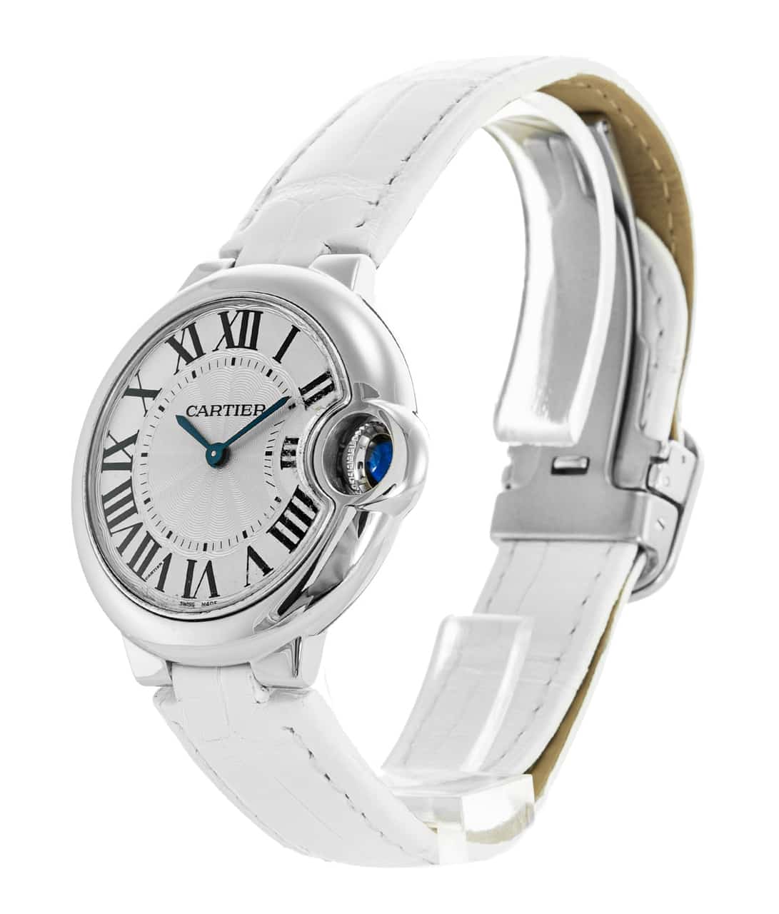  Shop Authentic Cartier Ballon Bleu De Cartier Silver Dial White Leather Strap Watch for Women - W6920086 - Luxxuri