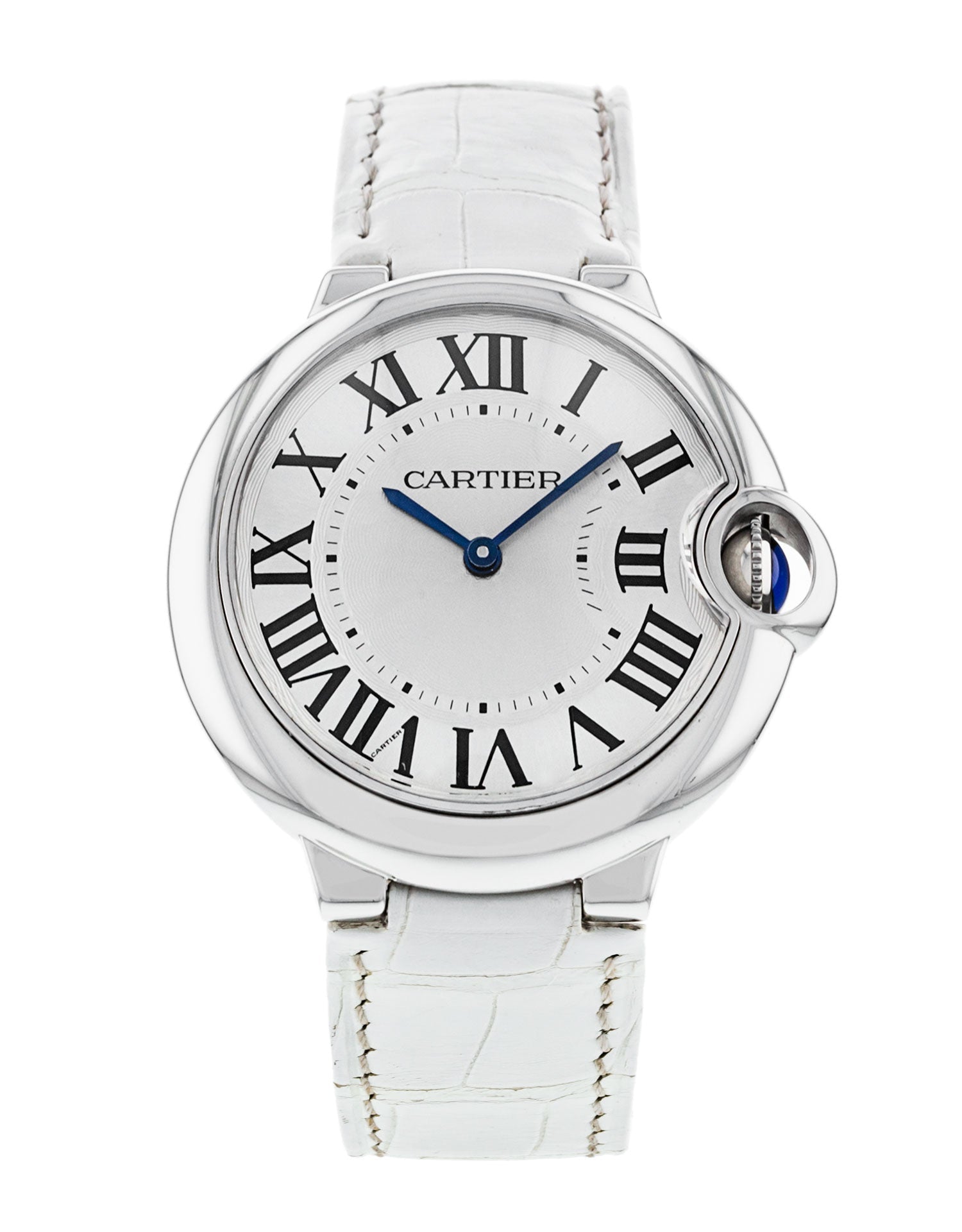  Shop Authentic Cartier Ballon Bleu de Cartier Silver Dial White Leather Strap Watch for Women - W6920087 - Luxxuri
