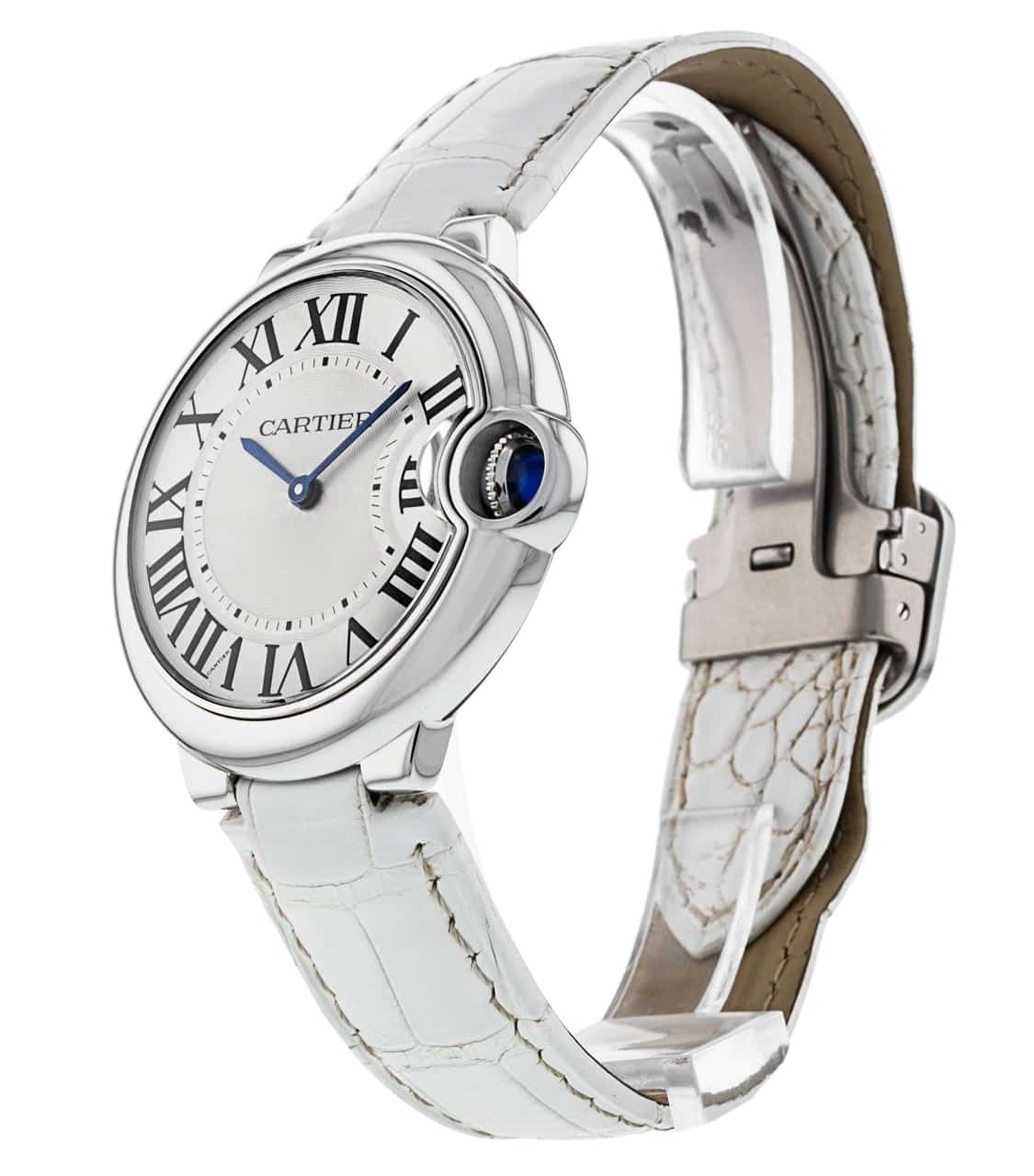  Shop Authentic Cartier Ballon Bleu de Cartier Silver Dial White Leather Strap Watch for Women - W6920087 - Luxxuri