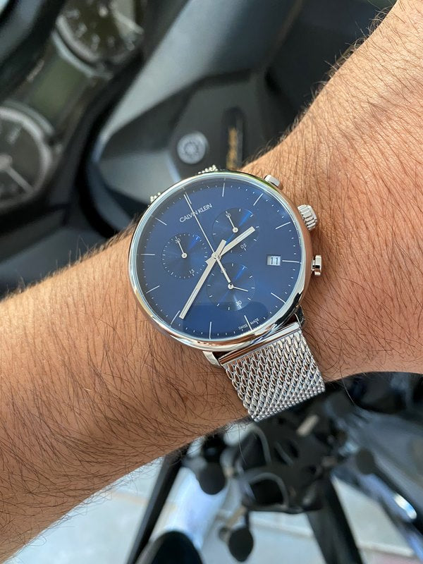  Shop Authentic Calvin Klein High Noon Chronograph Blue Dial Silver Mesh Bracelet Watch for Men - K8M2712N - Luxxuri