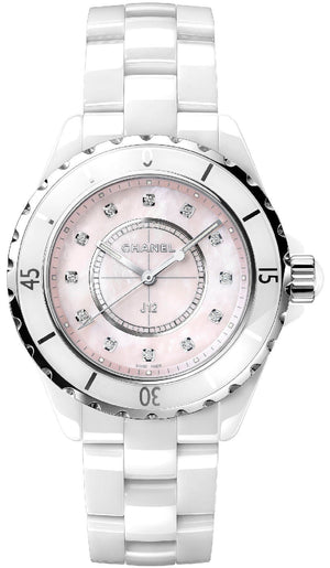  Shop Authentic Chanel J12 Quartz Diamonds Pink Dial White Steel Strap Watch for Women - J12 H5513 - Luxxuri