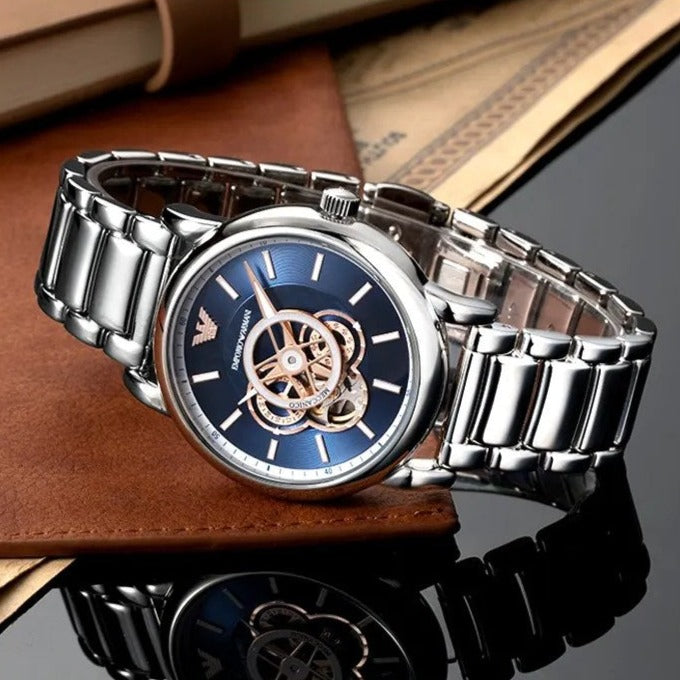  Shop Authentic Emporio Armani Luigi Chronograph Skeleton Blue Dial Silver Steel Strap Watch For Men - AR60036 - Luxxuri