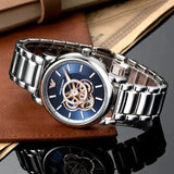  Shop Authentic Emporio Armani Luigi Chronograph Skeleton Blue Dial Silver Steel Strap Watch For Men - AR60036 - Luxxuri