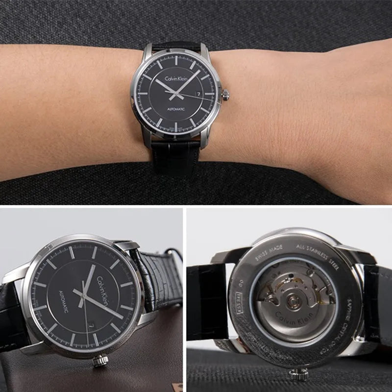  Shop Authentic Calvin Klein Infinity Automatic Black Dial Black Leather Strap Watch for Men - K5S341C1 - Luxxuri