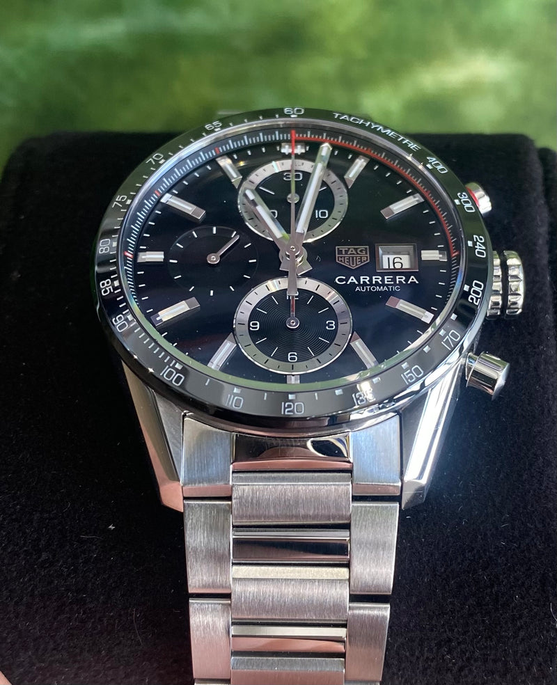  Shop Authentic Tag Heuer Carrera Automatic Chronograph Black Dial Silver Steel Strap Watch for Men - CBM2110.BA0651 - Luxxuri